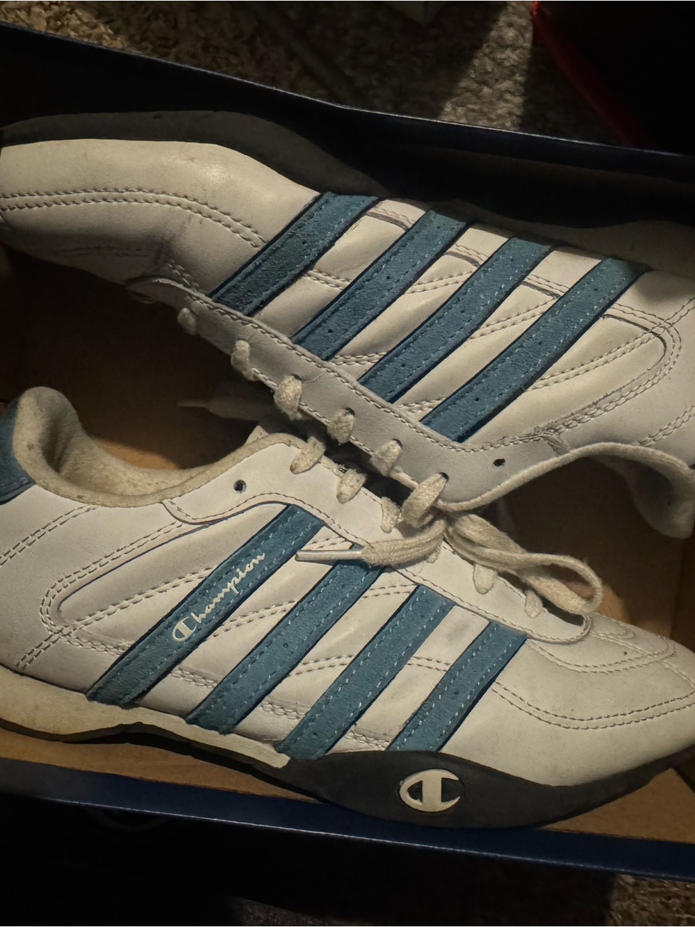 Champion women’s White Sneakers with Blue Stripes